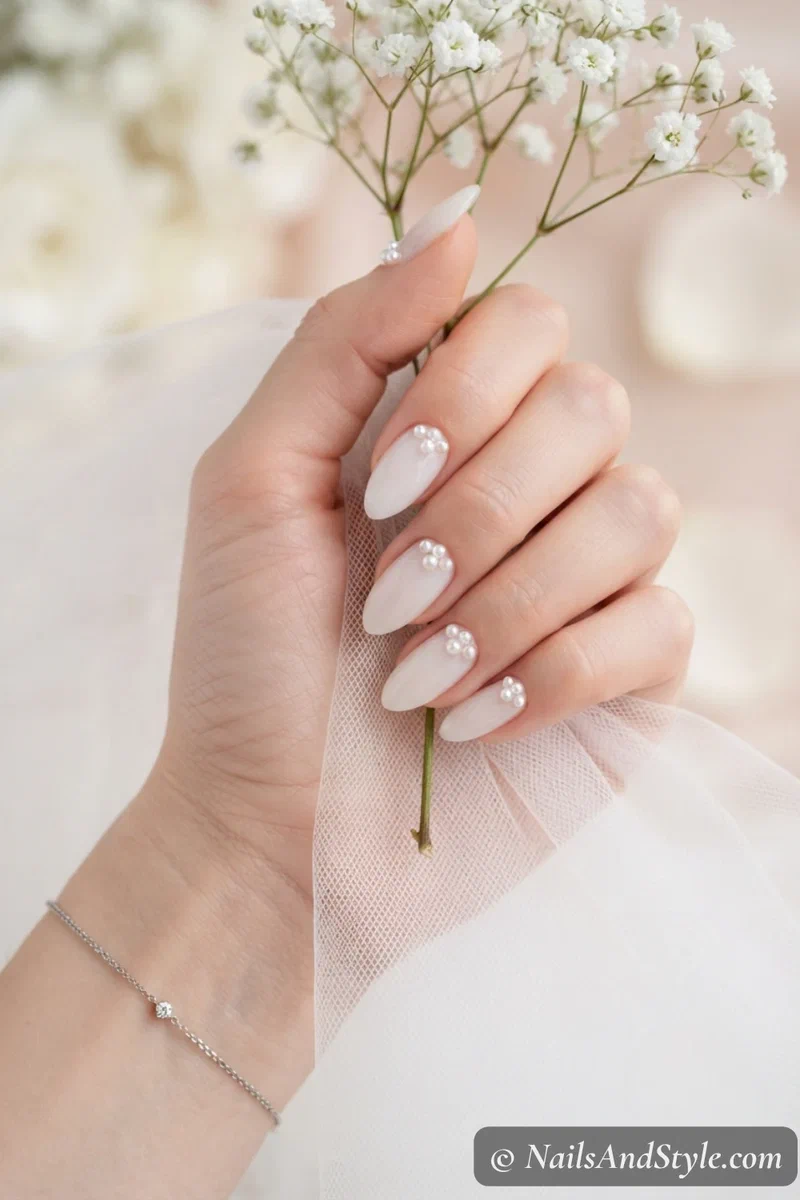 Milky nails with tiny pearl clusters at the cuticle