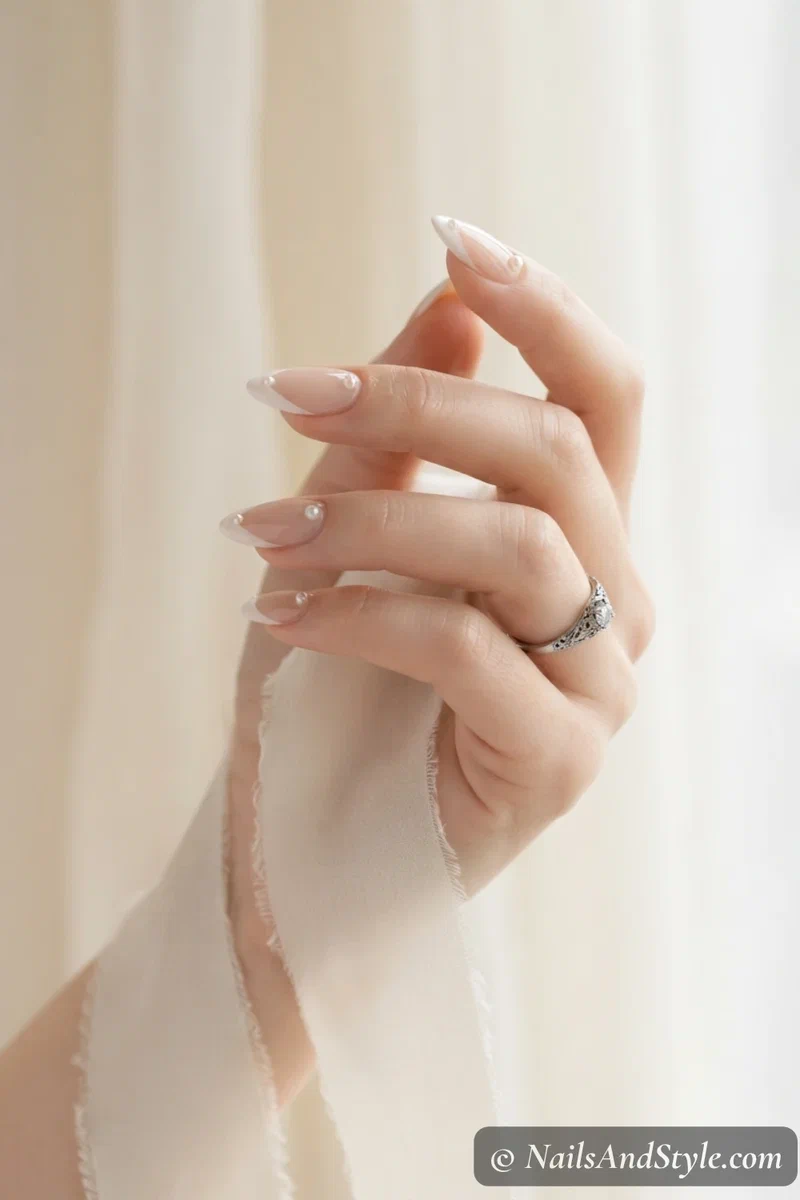 Nude nails with white V French tip and pearl at the V point