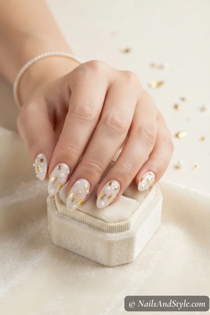 Milky nails with scattered pearls and gold foil flecks