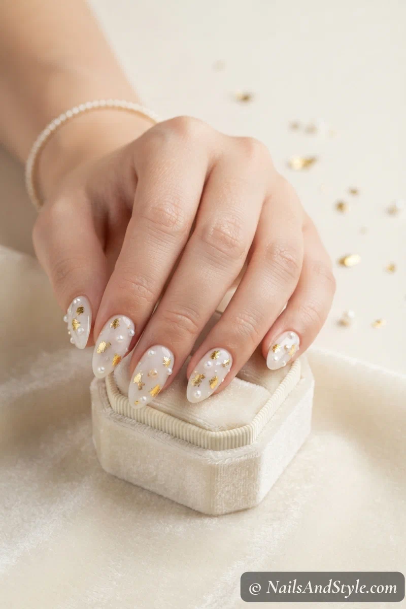 Milky nails with scattered pearls and gold foil flecks