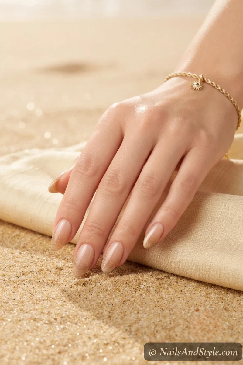 Sheer nude bridal nails with sandy gold glitter tips