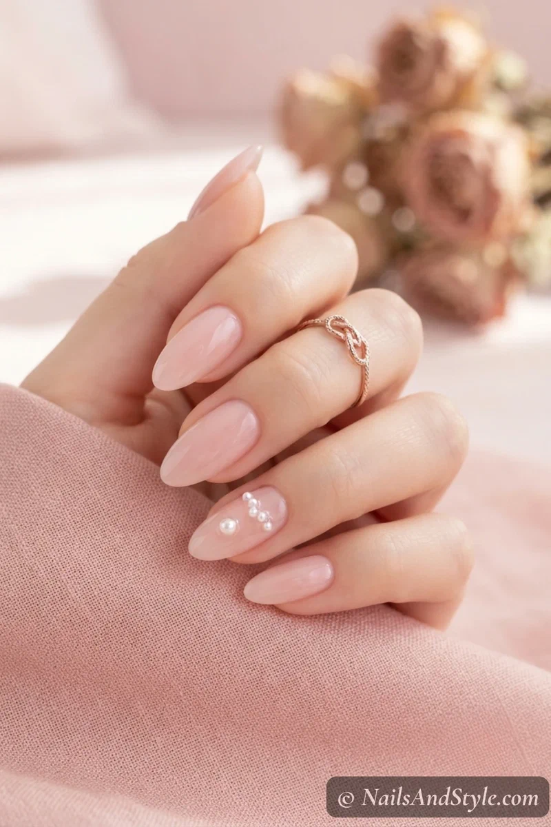 Sheer blush pink nails with pearl heart accent on ring finger