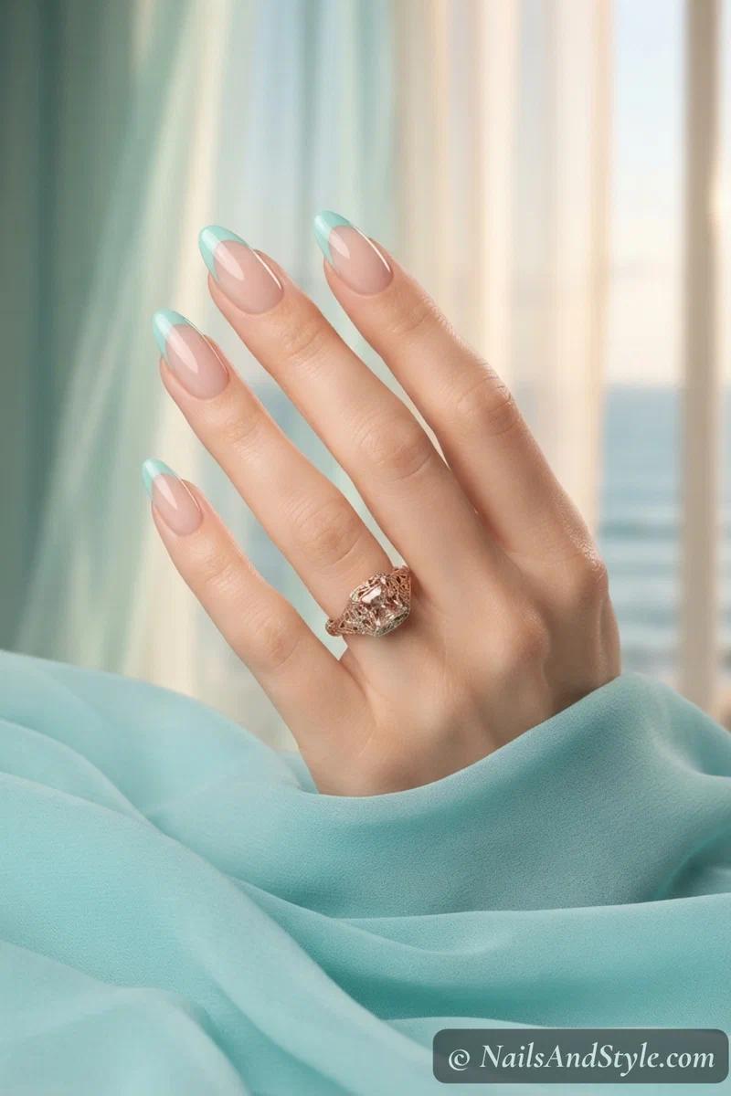 Sheer nude nails with soft aqua French tips