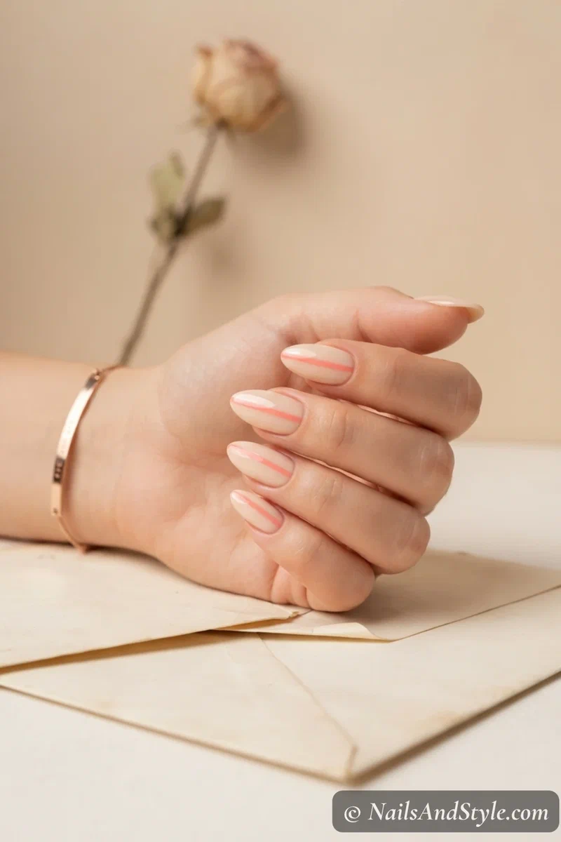Nude bridal nails with single horizontal coral stripe
