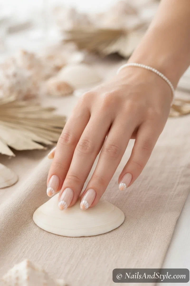 Milky bridal nails with tiny white seashell painted at each tip