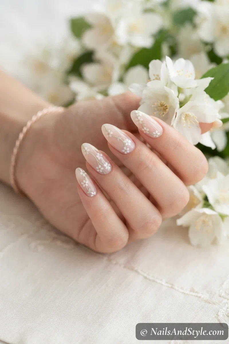 Sheer nude nails with delicate trailing white floral vine