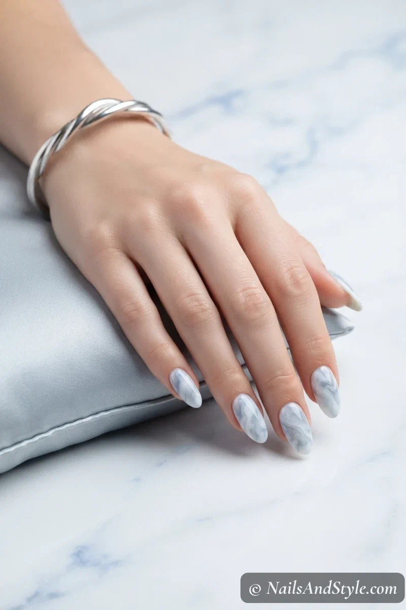 White and soft grey marble bridal nails