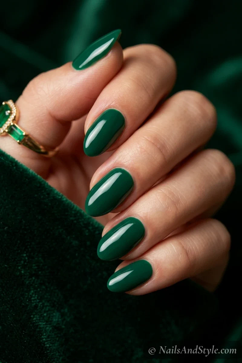 Deep emerald-green short almond nails