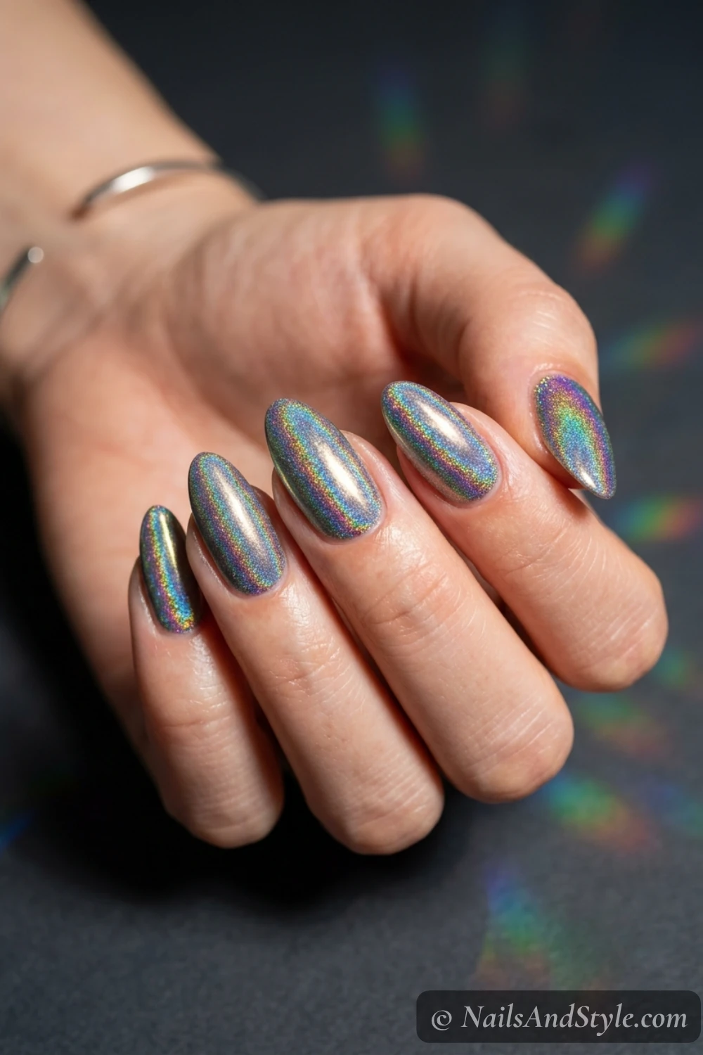 Rainbow holographic chrome almond nails