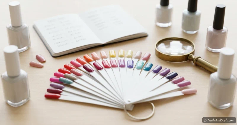 Testing setup with polish swatches on nail wheels