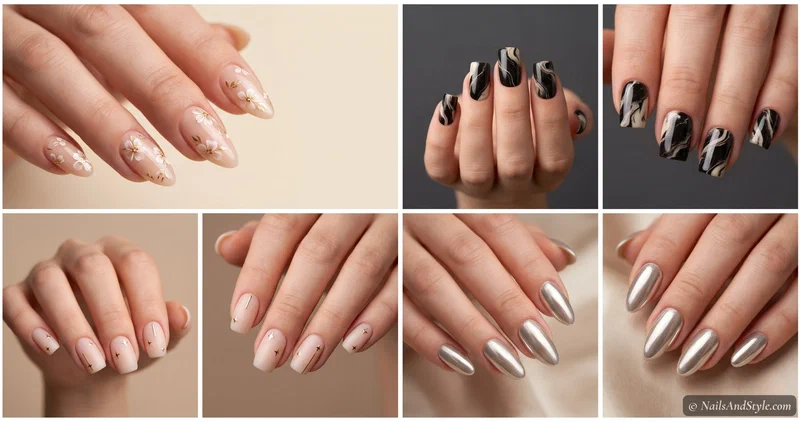 Collage of the best nail sticker and wrap types — floral decals, a marble full wrap, gold star accents, and a chrome wrap