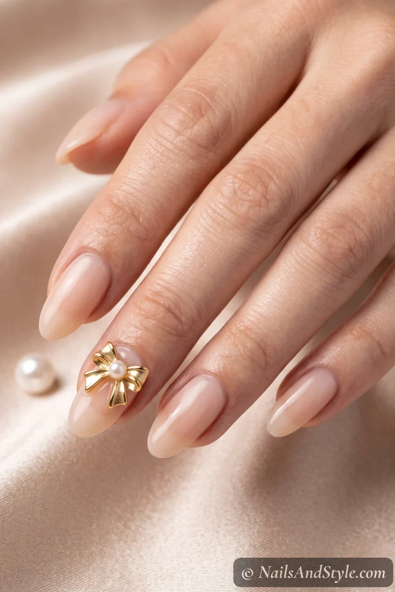 A single 3D pearl and gold charm set near the cuticle over a soft nude nail on almond nails