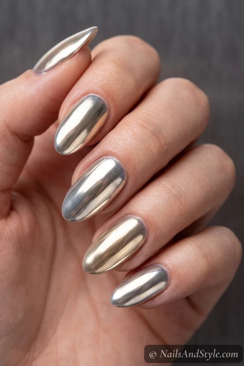Glazed chrome nail wraps with a mirror-like silver and champagne shift on almond nails
