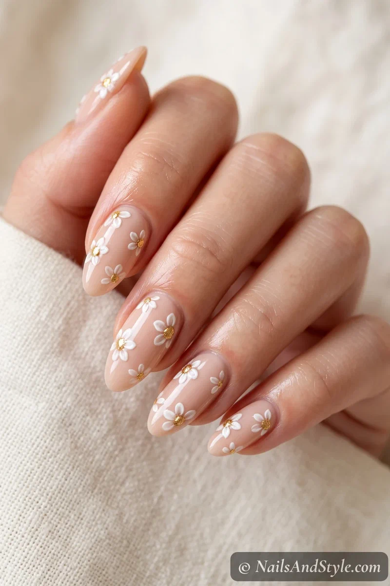 Delicate white and gold floral nail sticker decals on a soft nude base with a glossy finish on almond nails