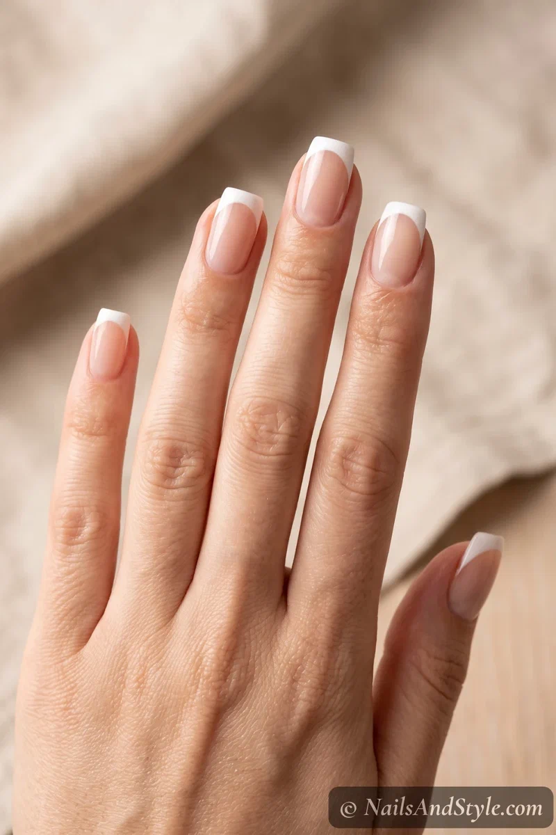 Crisp white French tips created with peel-off guide stickers over a sheer nude base on medium nails