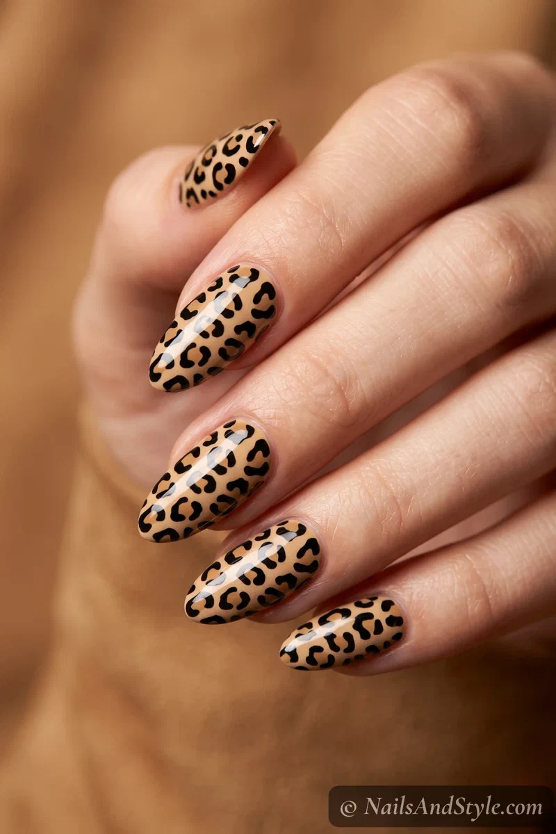 Bold tan and black leopard print full-nail wraps with a glossy finish on almond nails