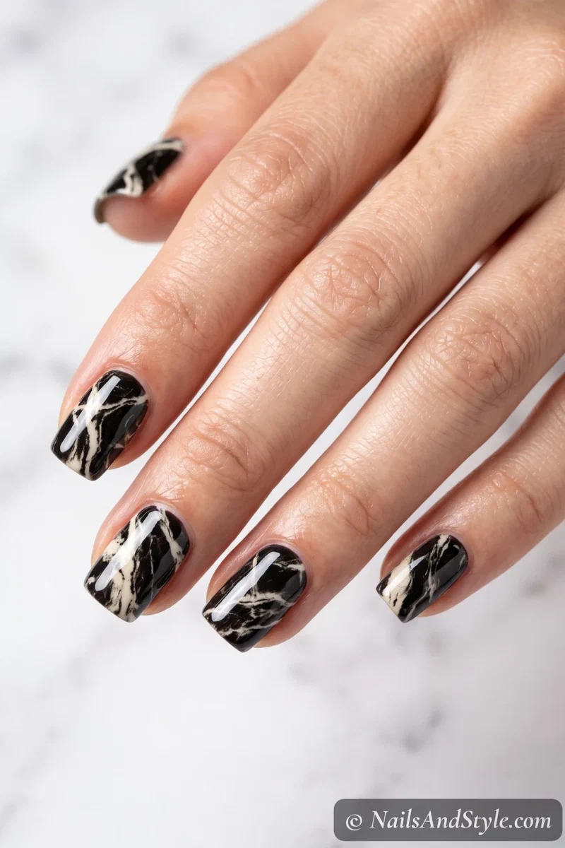 Black and cream marble full-nail wraps with a glossy finish on square nails