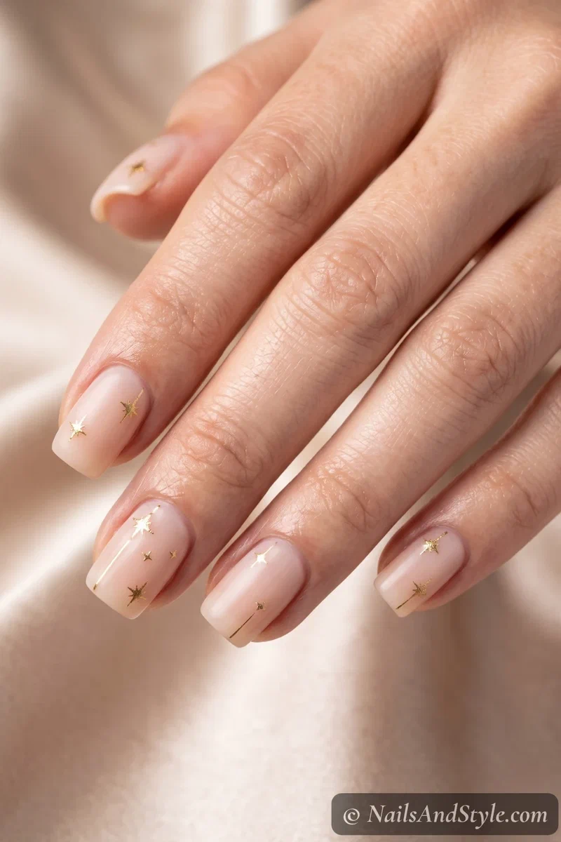 Tiny gold star and line nail decals on a milky nude base with a soft glossy finish on squoval nails