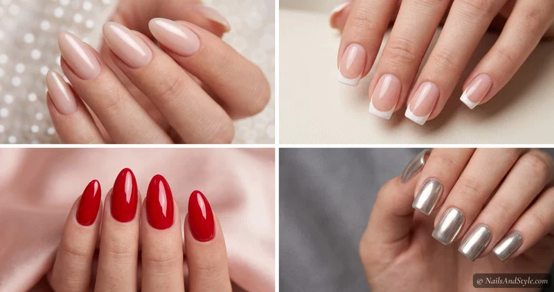 Collage of semi-cured gel nail strip looks — milky glazed nude, classic French tips, glossy cherry red, and glazed chrome