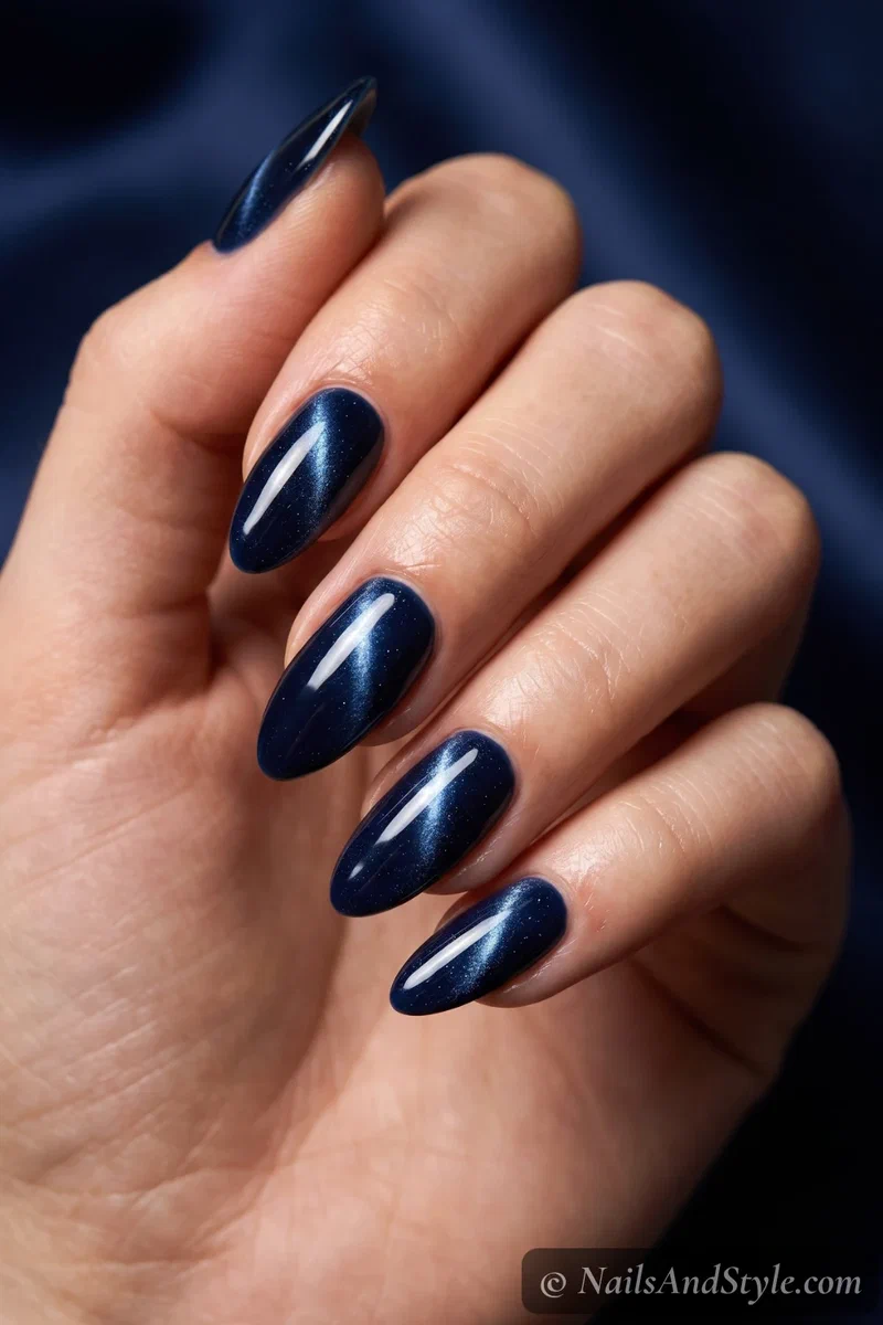 Deep navy cat-eye semi-cured gel nails with a magnetic shimmer streak on almond nails