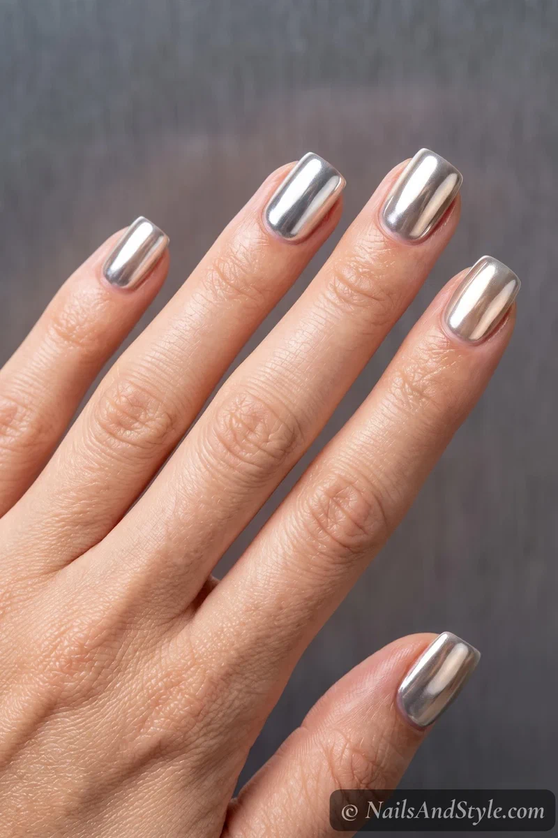 Glazed chrome semi-cured gel nails shifting between silver and champagne on square nails