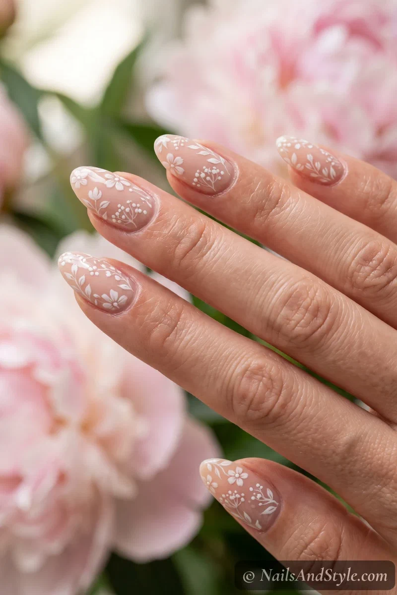 Delicate white floral nail art in semi-cured gel over a nude base on medium nails