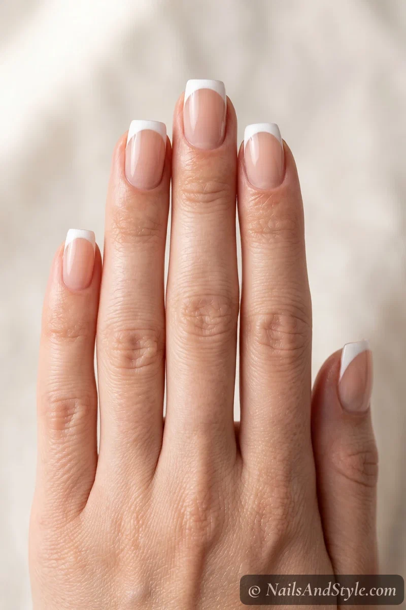 Classic French manicure with crisp white tips in semi-cured gel on medium nails