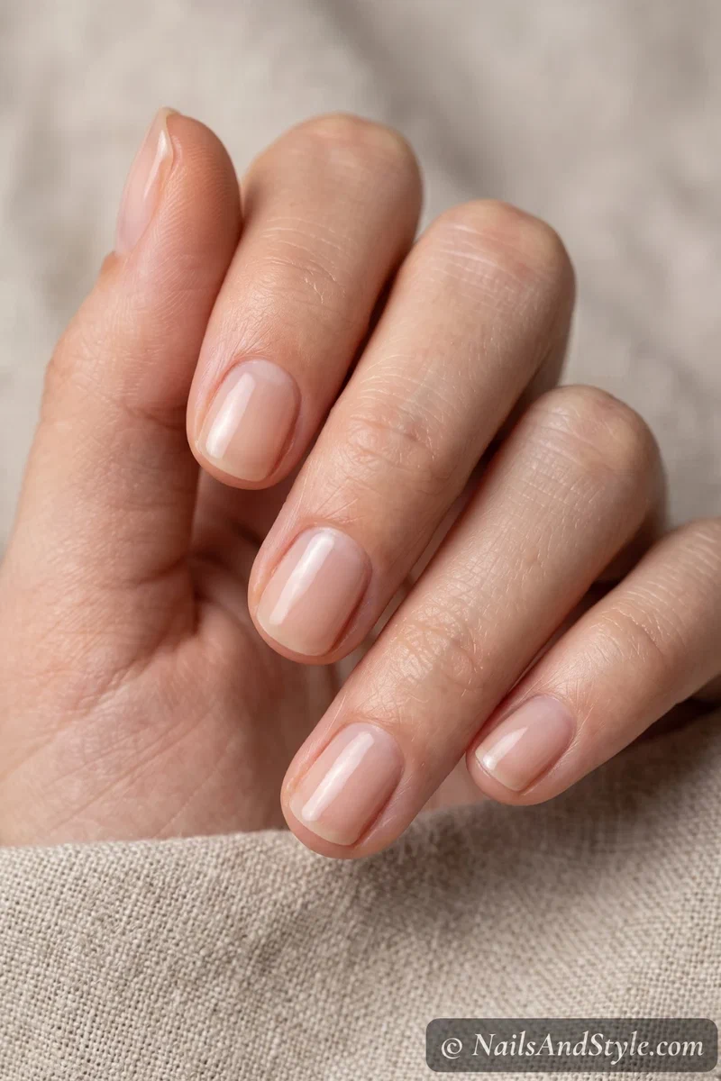 Minimal glossy nude semi-cured gel nails with a clean natural finish on short nails