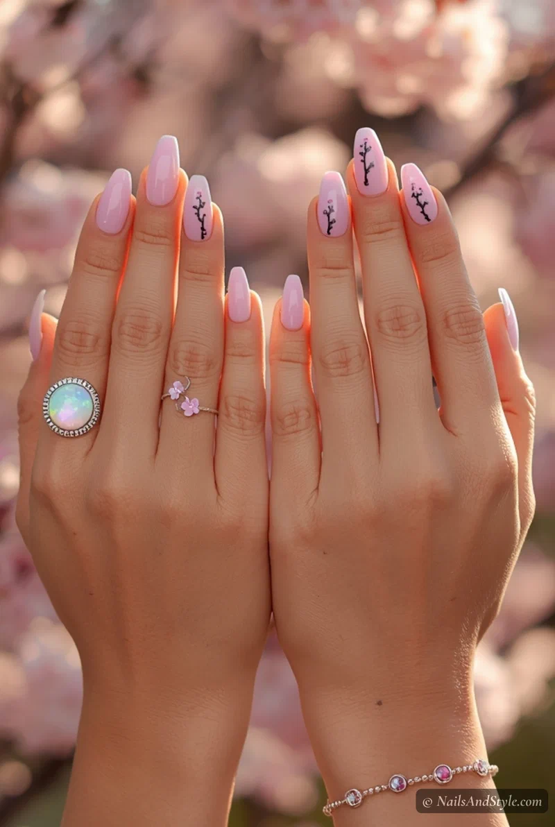 Nude nails with black cherry blossom branch accents for spring