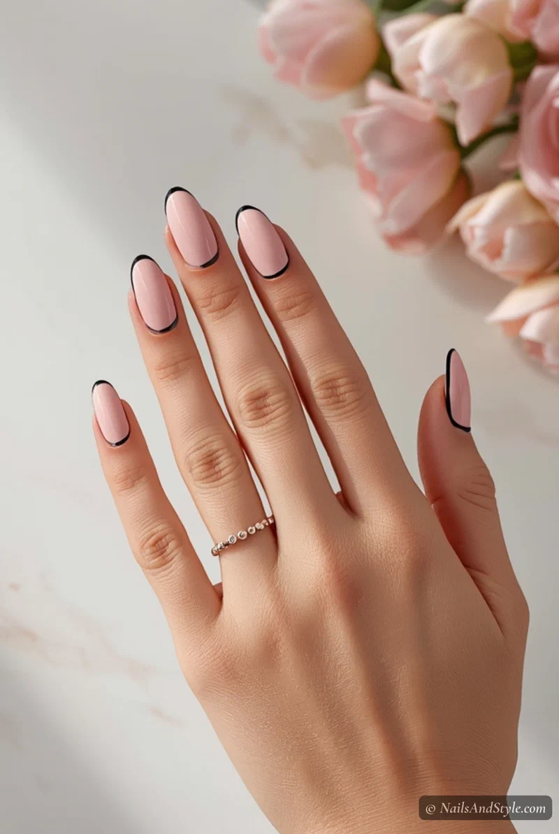 Sheer pink nails with thin black French tips for a chic spring manicure