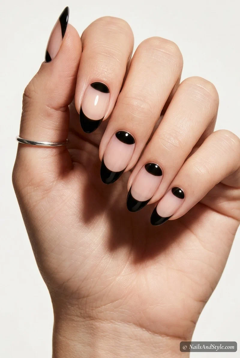 Negative space nails with black halfmoon details near the cuticle for spring