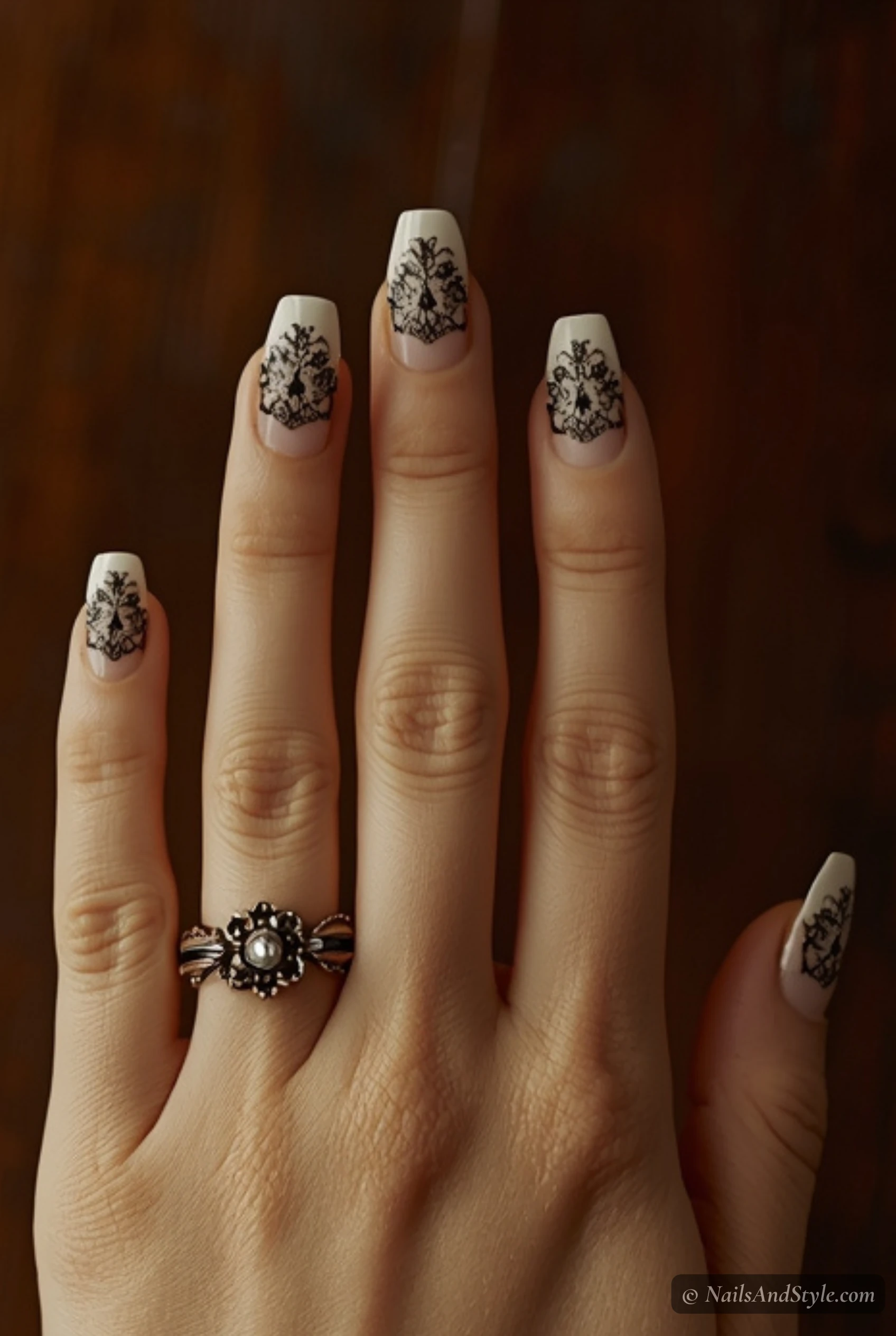 Black lace tip nails