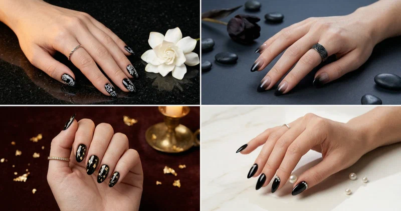 Collage of four edgy and chic black spring nail designs including florals, French tips, gold foil, and pearl accents