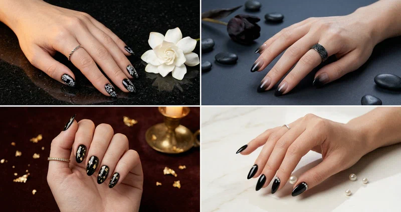 Collage of four edgy and chic black spring nail designs including florals, French tips, gold foil, and pearl accents