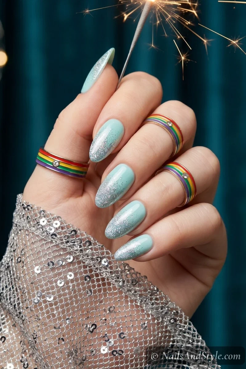 Aqua blue nails with silver glitter gradient fading from tips on medium almond nails