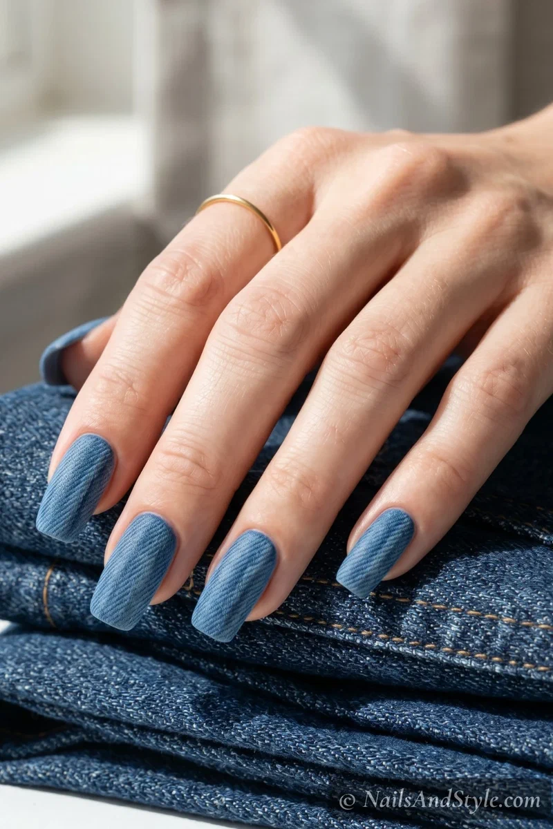 Denim blue textured nails with matte finish resembling faded jeans on short squoval nails