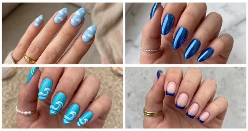 Collage of four blue summer nail designs featuring sky blue clouds, cobalt chrome, turquoise ocean waves, and navy French tips