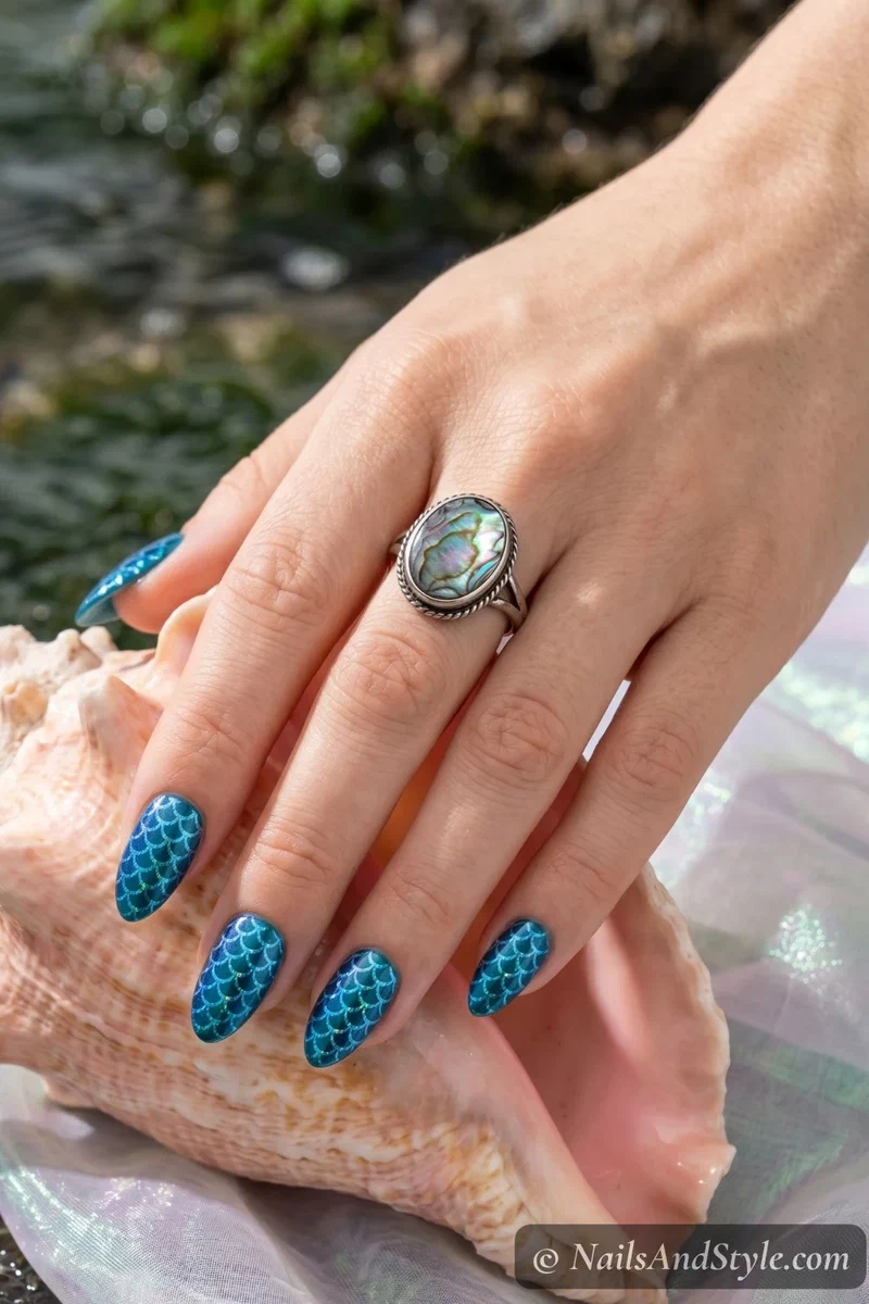 Teal blue mermaid scale nail art with holographic details on almond nails