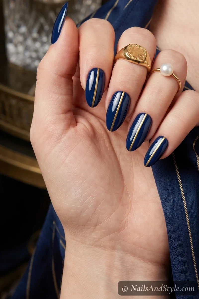 Navy blue nails with thin gold stripe details on medium almond nails