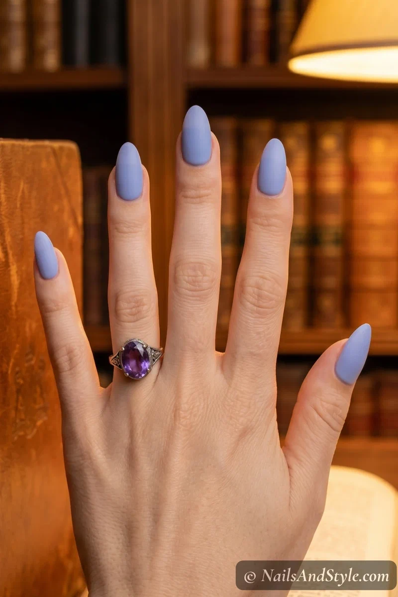 Periwinkle matte finish nails on short almond nails