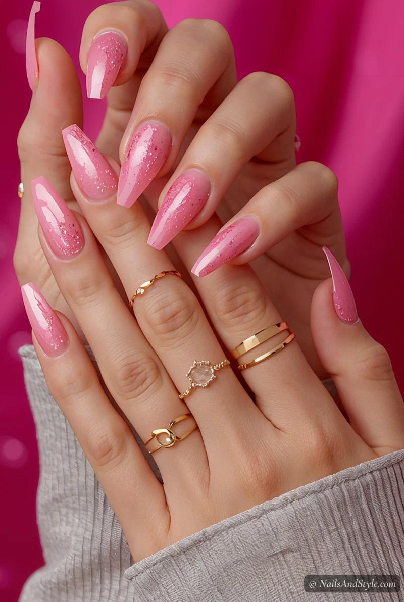 Bubblegum pink glitter nails with ombre glitter fade on short almond nails