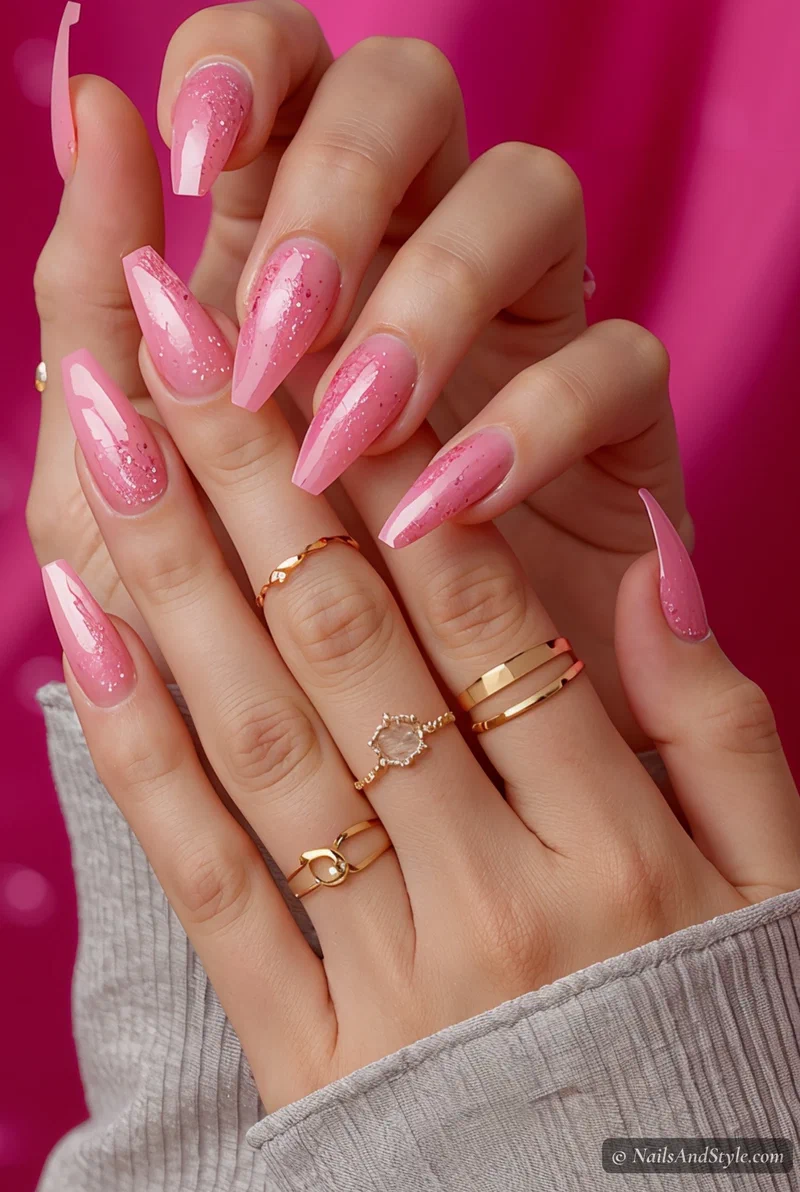 Bubblegum pink glitter nails with ombre glitter fade on short almond nails