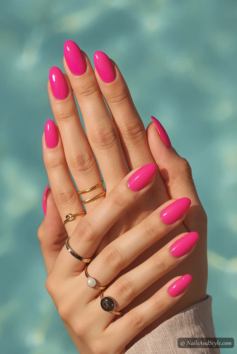 Hot pink glossy nails on short almond shape