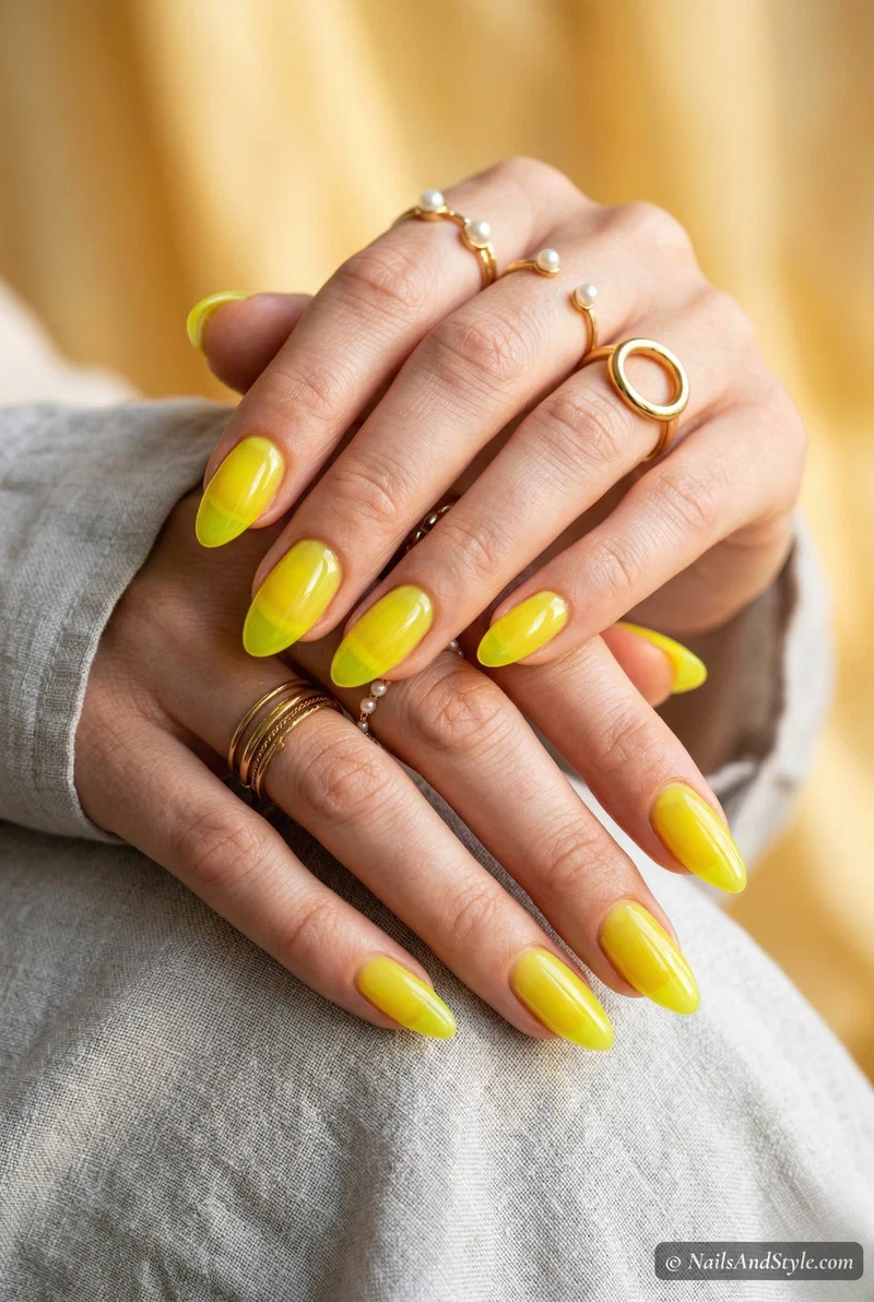 Neon yellow jelly nails with translucent sheer finish on medium nails