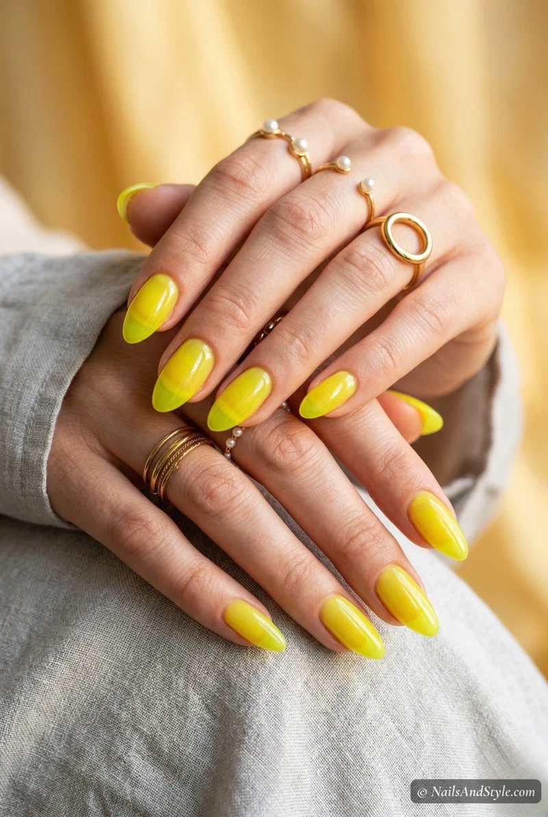 Neon yellow jelly nails with translucent sheer finish on medium nails