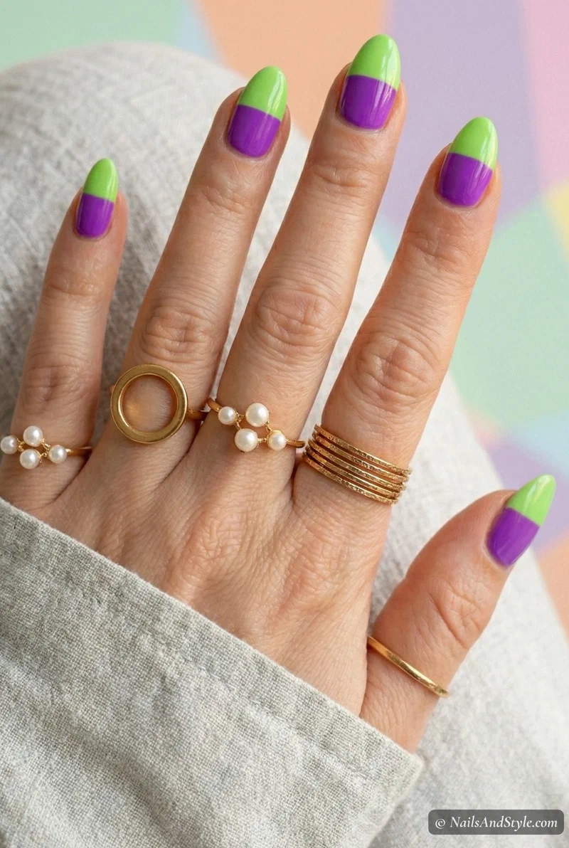 Purple and lime green color block nails on short squoval nails