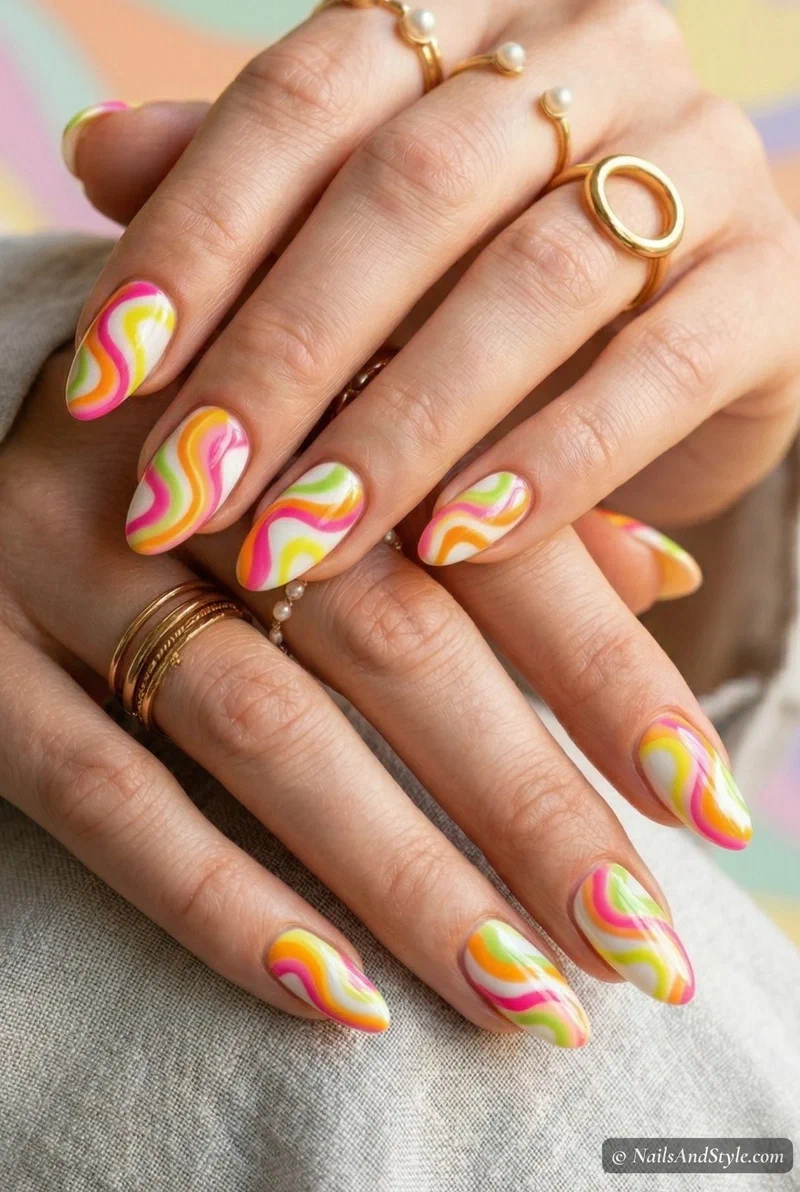 Multicolor swirl nail art with pink orange and yellow swirls on medium nails