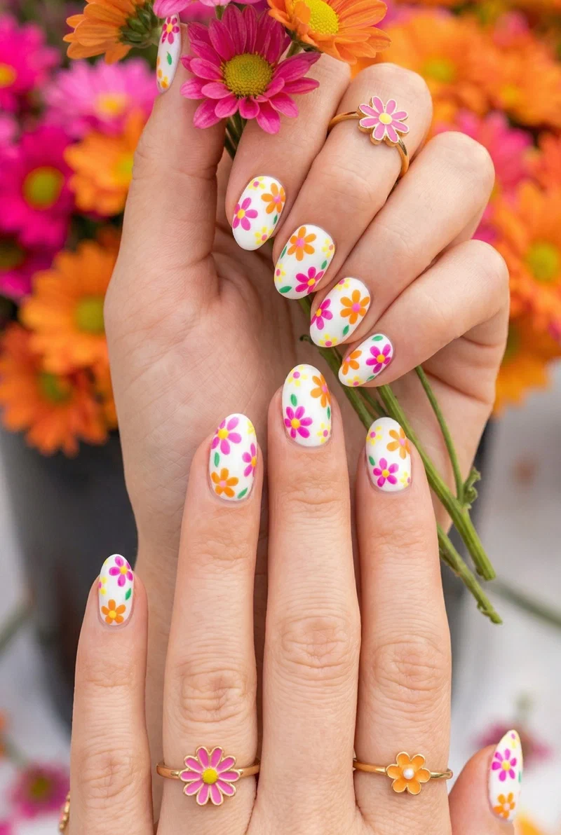 White nails with bright colorful mini floral art