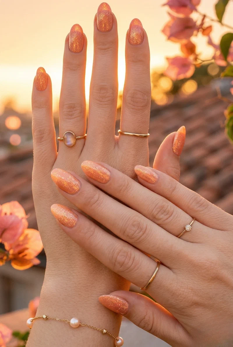 Bright peach shimmer nails on medium almond nails