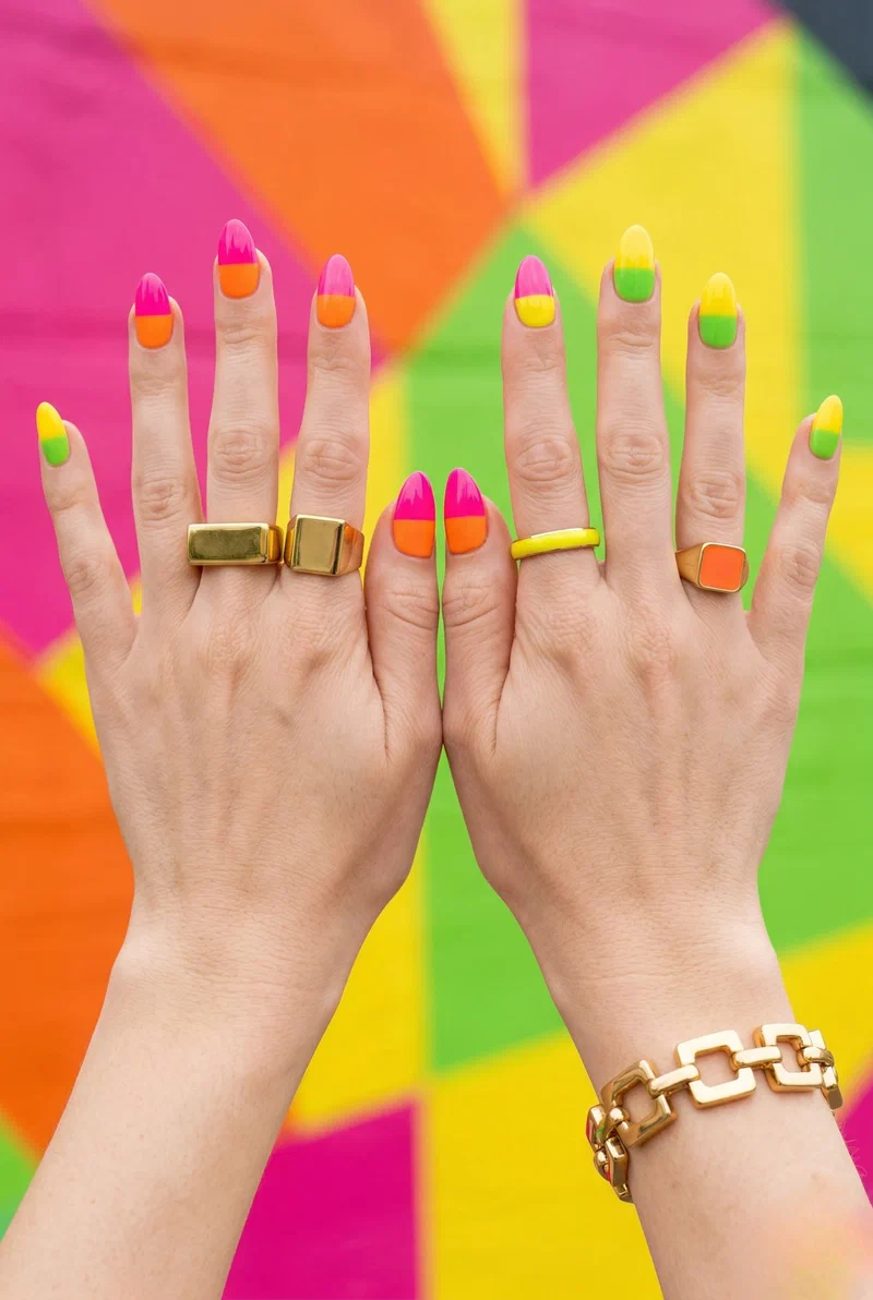 Color block neon nails with two-tone bright shades
